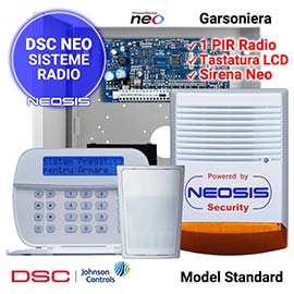 Sistem alarma radio DSC NEO pentru garsoniera - centrala HS2016, tastatura LCD cu modul radio, modul IP, 1 detector radio, sirena